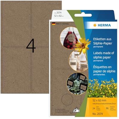 HERMA Lot de 2074 étiquettes multi-usages 24 feuilles de 52 x 82 mm 4 pièces par feuille 96 autocollants Étiquettes ménagères à écrire Mates Blanches En papier silphie Marron naturel HERMA Lot de 2074 étiquettes multi-usages 24 feuilles de 52 x 82 mm 4 pièces par feuille 96 autocollants Étiquettes ménagères à écrire Mates Blanches En papier silphie Marron naturel