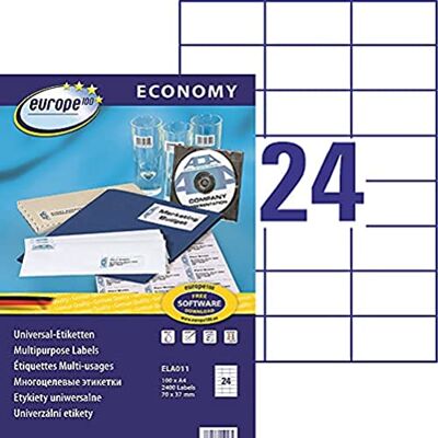 europe 100 -2400 Étiquettes Multi-Usages Autocollantes Blanches Personnalisables Format 70 x 37 mm Impression Laser Jet d'Encre et Copieur europe 100 -2400 Étiquettes Multi-Usages Autocollantes Blanches Personnalisables Format 70 x 37 mm Impression Laser Jet d'Encre et Copieur