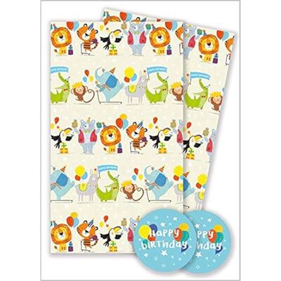 Abacus Papier cadeau 12365A Party Animals Lot de 2 feuilles et 2 étiquettes, sans plastique et entièrement recyclable, multicolore Abacus Papier cadeau 12365A Party Animals Lot de 2 feuilles et 2 étiquettes, sans plastique et entièrement recyclable, multicolore
