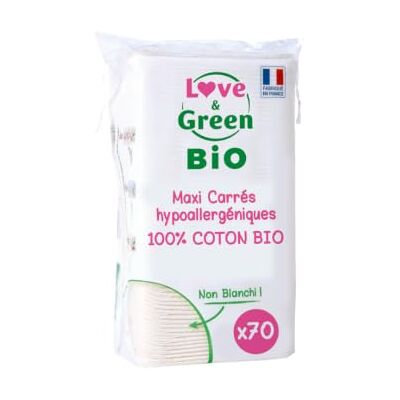 Love & Green Cotons Maxi Carrés Hypoallergéniques change et toilette bébé Non Blanchis et 100% Bio x70 Fabriqués en France Love & Green Cotons Maxi Carrés Hypoallergéniques change et toilette bébé Non Blanchis et 100% Bio x70 Fabriqués en France