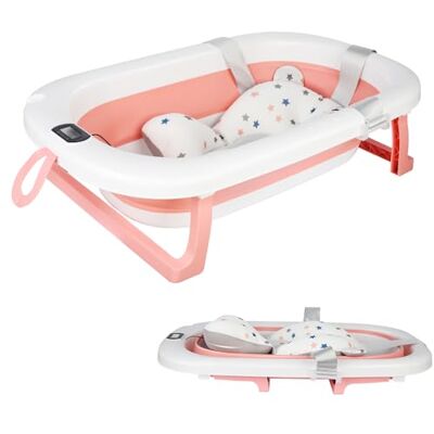 OHMG Baignoire pour bébé pliable avec coussin de bain antidérapant, taille XXL, thermomètre pour contrôler la température de l'eau, de la naissance à 2 ans, avec coussin de soutien, tapis de siège OHMG Baignoire pour bébé pliable avec coussin de bain antidérapant, taille XXL, thermomètre pour contrôler la température de l'eau, de la naissance à 2 ans, avec coussin de soutien, tapis de siège