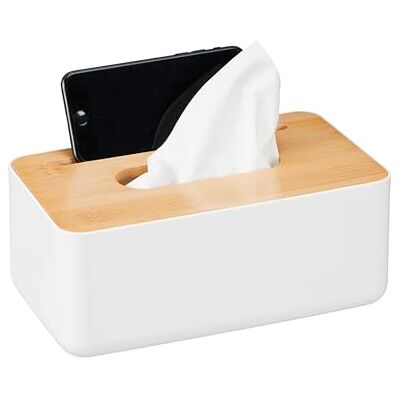 Relaxdays Boîte à mouchoirs, plastique & bambou, distributeur, rectangulaire, HxLxP : 10x23x13 cm, blanc nature Relaxdays Boîte à mouchoirs, plastique & bambou, distributeur, rectangulaire, HxLxP : 10x23x13 cm, blanc nature