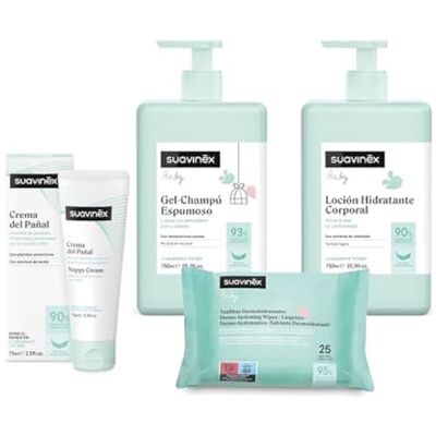 Suavinex , Pack cosmétique grand format comprenant : gel-shampooing doux 750 ml + lait hydratant 750 ml + pommade couche 50 ml + pack lingettes 25 pcs. Pack bébé nouveau-né, 4 produits Suavinex , Pack cosmétique grand format comprenant : gel-shampooing doux 750 ml + lait hydratant 750 ml + pommade couche 50 ml + pack lingettes 25 pcs. Pack bébé nouveau-né, 4 produits