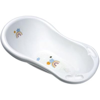 Lorelli Baignoire pour bébé, arc-en-ciel, 84 cm, évacuation de l'eau, forme ergonomique, compartiments de rangement, couleur : blanc Lorelli Baignoire pour bébé, arc-en-ciel, 84 cm, évacuation de l'eau, forme ergonomique, compartiments de rangement, couleur : blanc