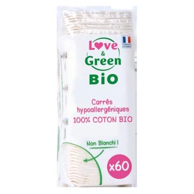 Love & Green Cotons Carrés Hypoallergéniques change et toilette bébé/démaquillant Non Blanchis et 100% Bio x60 Fabriqués en France Love & Green Cotons Carrés Hypoallergéniques change et toilette bébé/démaquillant Non Blanchis et 100% Bio x60 Fabriqués en France
