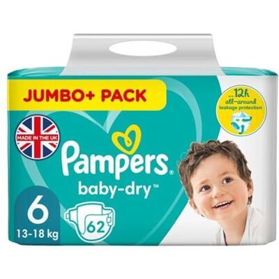 Pampers Baby-Dry Lot de 62 couches Taille 6 13 à 18 kg Pampers Baby-Dry Lot de 62 couches Taille 6 13 à 18 kg