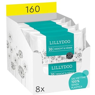 LILLYDOO Lot de 160 lingettes humides pour le visage et les mains (8 x 20), 100% sans plastique LILLYDOO Lot de 160 lingettes humides pour le visage et les mains (8 x 20), 100% sans plastique