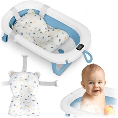 Ricokids Baignoire pour bébé, avec thermomètre et coussin de bain, pliable, légère, antidérapante, blanche et bleue Ricokids Baignoire pour bébé, avec thermomètre et coussin de bain, pliable, légère, antidérapante, blanche et bleue
