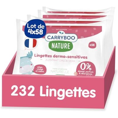 CARRYBOO Lingettes bébé dermo-sensitives Sans parfum ni allergènes Lot de 4 Peaux sensibles -Nettoient et apaisent Fibres 100% d'Origine Naturelle Fabriquées en France 232 lingettes CARRYBOO Lingettes bébé dermo-sensitives Sans parfum ni allergènes Lot de 4 Peaux sensibles -Nettoient et apaisent Fibres 100% d'Origine Naturelle Fabriquées en France 232 lingettes