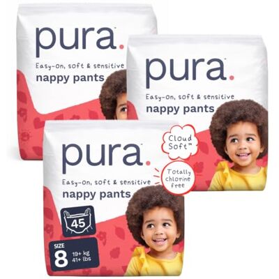 Pura Culottes Éco-Taille 8 (19kg+), 3 x 15 Culottes (45 au Total), Jetables pour Peaux Sensibles et Sujettes aux Allergies, Hypoallergéniques Pura Culottes Éco-Taille 8 (19kg+), 3 x 15 Culottes (45 au Total), Jetables pour Peaux Sensibles et Sujettes aux Allergies, Hypoallergéniques