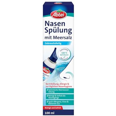 Abtei Après-shampoing nasal au sel de mer Spray nasal isotonique à l'eau de mer Pour le rhume, les allergies et pour l'hygiène nasale quotidienne 1 x 100 ml Abtei Après-shampoing nasal au sel de mer Spray nasal isotonique à l'eau de mer Pour le rhume, les allergies et pour l'hygiène nasale quotidienne 1 x 100 ml