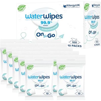 WaterWipes Lingettes pour les déplacements, 100 lingettes (10 paquets), lingettes humides à base d'eau à 99%, idéales pour les voyages, conçues pour le visage et le corps. WaterWipes Lingettes pour les déplacements, 100 lingettes (10 paquets), lingettes humides à base d'eau à 99%, idéales pour les voyages, conçues pour le visage et le corps.