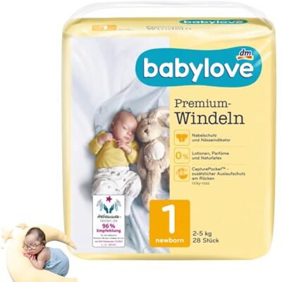 Babylove Couches Premium extra douces taille 1, nouveau-né 2-5 kg, 1 paquet de 28 Babylove Couches Premium extra douces taille 1, nouveau-né 2-5 kg, 1 paquet de 28