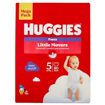 HUGGIES Little Movers, Lot de 80 couches pour bébé Taille 5 (12-17 Kg), Ultra absorbant, Pack Mega HUGGIES Little Movers, Lot de 80 couches pour bébé Taille 5 (12-17 Kg), Ultra absorbant, Pack Mega