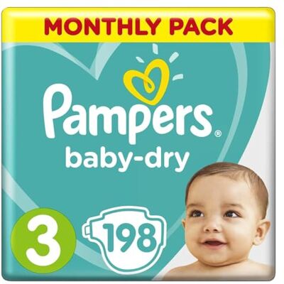 Pampers Couches Taille 3 (6-10 kg), Baby-Dry, 198 Couches Bébé, Pack 1 Mois, Jusqu'à 12h Bien Au Sec et Avec Double-Barrière Anti-Fuites Pampers Couches Taille 3 (6-10 kg), Baby-Dry, 198 Couches Bébé, Pack 1 Mois, Jusqu'à 12h Bien Au Sec et Avec Double-Barrière Anti-Fuites