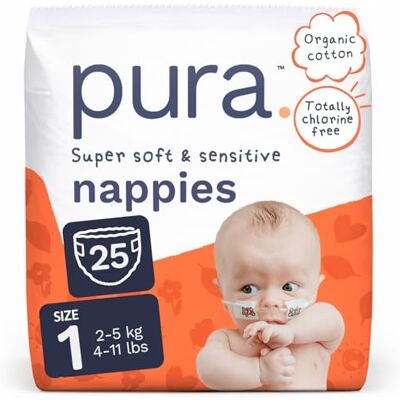Pura Couches pour nouveau-né – Taille 1 (2-5 kg), 1 paquet (25 couches), parfaites pour les peaux sensibles, coton bio, indicateur d'humidité, découpe pour cordon ombilical, guide des tailles Pura Couches pour nouveau-né – Taille 1 (2-5 kg), 1 paquet (25 couches), parfaites pour les peaux sensibles, coton bio, indicateur d'humidité, découpe pour cordon ombilical, guide des tailles