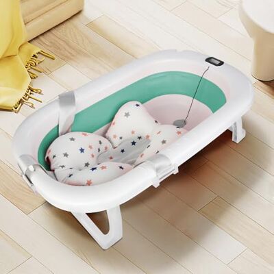 OHMG Baignoire pour bébé pliable avec coussin de bain antidérapant, taille XXL, thermomètre pour contrôler la température de l'eau, de la naissance à 2 ans, avec coussin de soutien, tapis de siège OHMG Baignoire pour bébé pliable avec coussin de bain antidérapant, taille XXL, thermomètre pour contrôler la température de l'eau, de la naissance à 2 ans, avec coussin de soutien, tapis de siège