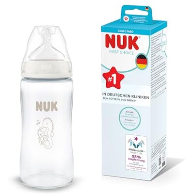 NUK Biberon First Choice 3 mois et plus 240 ml Biberon anti-colique Verre Indicateur de température Hippocampe 1 unité NUK Biberon First Choice 3 mois et plus 240 ml Biberon anti-colique Verre Indicateur de température Hippocampe 1 unité