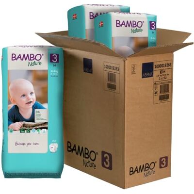 Bambo Nature Couches écologiques de qualité supérieure, couches durables avec protection améliorée contre les fuites – Sécurisées et confortables, taille 3 (4-8 kg), Midi, 156PK Bambo Nature Couches écologiques de qualité supérieure, couches durables avec protection améliorée contre les fuites – Sécurisées et confortables, taille 3 (4-8 kg), Midi, 156PK