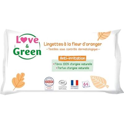 Love & Green Lingettes à la Fleur d'Oranger écologique, Paquet de 64 Lingettes, Certifiée Cosmo Natural par ECOCERT et FSC Love & Green Lingettes à la Fleur d'Oranger écologique, Paquet de 64 Lingettes, Certifiée Cosmo Natural par ECOCERT et FSC