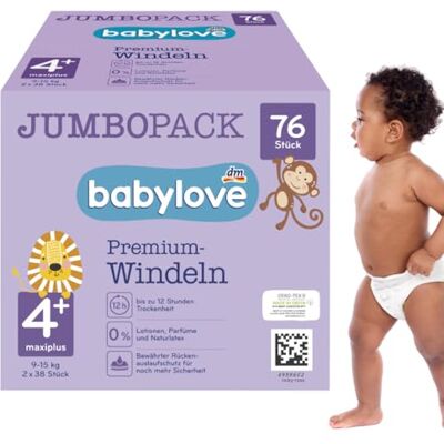 Babylove Couches Premium actives (taille 4+ et Maxiplus 9-20 kg) Jumbo Pack 2 x 38 unités, 76 St Babylove Couches Premium actives (taille 4+ et Maxiplus 9-20 kg) Jumbo Pack 2 x 38 unités, 76 St