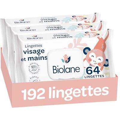 Biolane Lingettes bébé visage et mains Lot de 3 paquets 192Lingettes(3x64) Nettoie et protège Toilette Hyppoallergénique Peaux Sensibles 97% d'ingrédients naturels Fabriqué en France Biolane Lingettes bébé visage et mains Lot de 3 paquets 192Lingettes(3x64) Nettoie et protège Toilette Hyppoallergénique Peaux Sensibles 97% d'ingrédients naturels Fabriqué en France