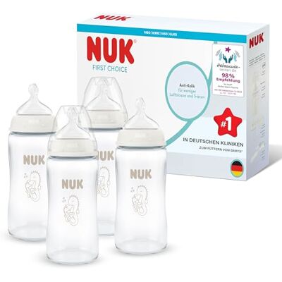 NUK Biberon First Choice 3+ mois 240 ml Biberon anticolique Verre Indicateur de contrôle de la température Hippocampe Pack de 4 NUK Biberon First Choice 3+ mois 240 ml Biberon anticolique Verre Indicateur de contrôle de la température Hippocampe Pack de 4