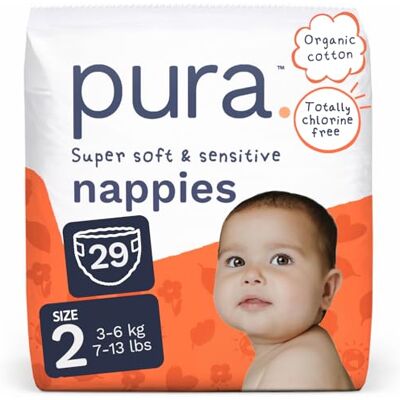 Pura Couches écologiques pour bébé – Taille 2 (3–6 kg), 1 paquet (29 couches), couches ultra douces pour peaux sensibles, coton bio, indicateur d'humidité, découpe pour cordon ombilical Pura Couches écologiques pour bébé – Taille 2 (3–6 kg), 1 paquet (29 couches), couches ultra douces pour peaux sensibles, coton bio, indicateur d'humidité, découpe pour cordon ombilical