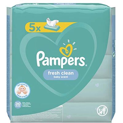 Pampers Fresh Clean Lot de 5 paquets de 52 lingettes humides = 260 lingettes humides, parfum doux, convient également pour les mains et le visage Pampers Fresh Clean Lot de 5 paquets de 52 lingettes humides = 260 lingettes humides, parfum doux, convient également pour les mains et le visage