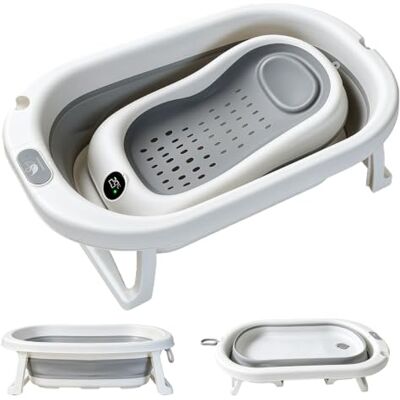 Schwänlein Baignoire pliable pour bébé, thermomètre étanche intégré, cadre renforcé stable sans vacillement, grand écoulement rapide, support isolé au sol, forme ronde ergonomique Schwänlein Baignoire pliable pour bébé, thermomètre étanche intégré, cadre renforcé stable sans vacillement, grand écoulement rapide, support isolé au sol, forme ronde ergonomique