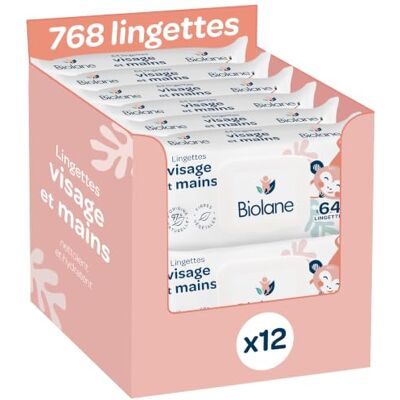 Biolane Pack de 12 Lingettes bébé visage et mains 768pcs (12x64) Nettoie et protège Toilette Hyppoallergénique Peaux Sensibles 97% d'ingrédients naturels Fabriqué en France Biolane Pack de 12 Lingettes bébé visage et mains 768pcs (12x64) Nettoie et protège Toilette Hyppoallergénique Peaux Sensibles 97% d'ingrédients naturels Fabriqué en France