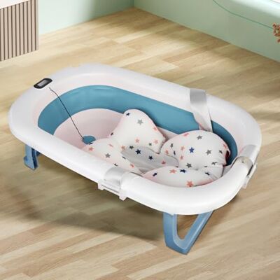 OHMG Baignoire pour bébé pliable avec coussin de bain antidérapant, taille XXL, thermomètre pour contrôler la température de l'eau, de la naissance à 2 ans, avec coussin de soutien, tapis de siège OHMG Baignoire pour bébé pliable avec coussin de bain antidérapant, taille XXL, thermomètre pour contrôler la température de l'eau, de la naissance à 2 ans, avec coussin de soutien, tapis de siège