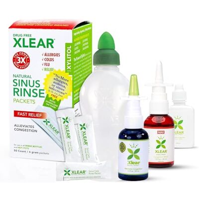 Xlear Kit de soulagement des allergies – Spray nasal au xylitol, spray nasal MAX, pot Neti pour rinçage nasal et 50 sachets de recharge Xlear Kit de soulagement des allergies – Spray nasal au xylitol, spray nasal MAX, pot Neti pour rinçage nasal et 50 sachets de recharge