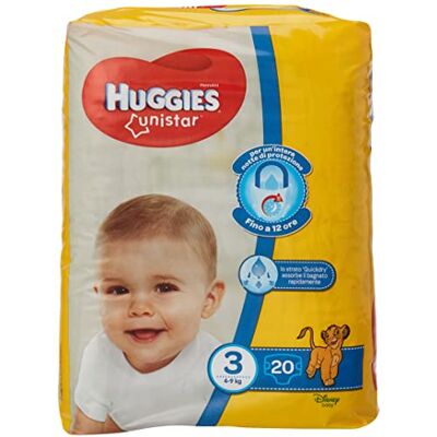 HUGGIES Unistar Couches Taille 3 (4-8 kg) 4 Paquets de 19 Couches, 76 Pièces HUGGIES Unistar Couches Taille 3 (4-8 kg) 4 Paquets de 19 Couches, 76 Pièces