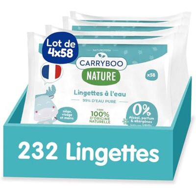 CARRYBOO Lingettes bébé à l'eau Sans parfum et allergènes Lot de 4 Peaux normales & Fragiles Nettoient et apaisent Fibres 100% d'Origine Naturelle Fabriquées en France 232 lingettes CARRYBOO Lingettes bébé à l'eau Sans parfum et allergènes Lot de 4 Peaux normales & Fragiles Nettoient et apaisent Fibres 100% d'Origine Naturelle Fabriquées en France 232 lingettes