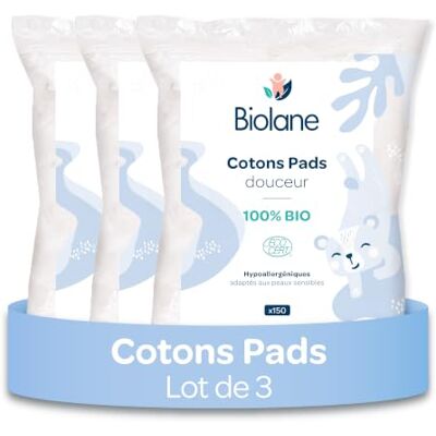 Biolane Lot de 3 Cotons pads douceur Bébé 100% Bio 150 Cotons Peaux sensibles Change & Toilette Dès la naissance Fabriqués en France Biolane Lot de 3 Cotons pads douceur Bébé 100% Bio 150 Cotons Peaux sensibles Change & Toilette Dès la naissance Fabriqués en France