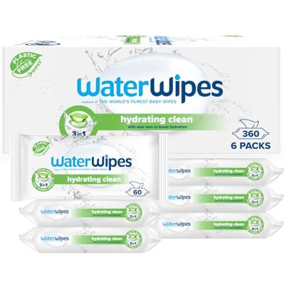 WaterWipes Lot de 6 lingettes hydratantes pour bébé, 360 lingettes (6 paquets), avec 99% d'eau et d'extrait d'aloe vera, humides pour le visage et le corps WaterWipes Lot de 6 lingettes hydratantes pour bébé, 360 lingettes (6 paquets), avec 99% d'eau et d'extrait d'aloe vera, humides pour le visage et le corps