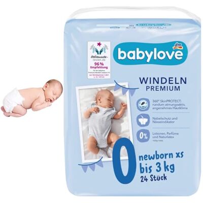 Babylove Lot de 24 couches Premium extra douces Taille XS Babylove Lot de 24 couches Premium extra douces Taille XS