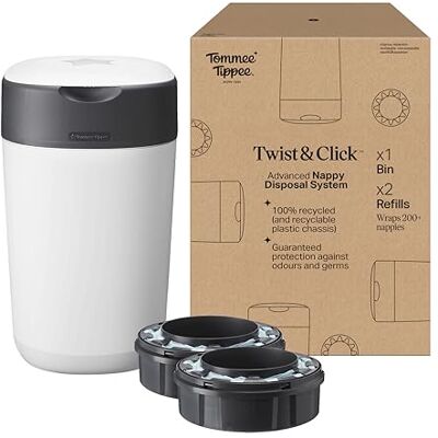 Tommee Tippee Twist and Click Advanced Nappy Bin Pack exclusif avec 2 recharges de cassettes de recharge Protection contre les odeurs et les germes Grande capacité Tommee Tippee Twist and Click Advanced Nappy Bin Pack exclusif avec 2 recharges de cassettes de recharge Protection contre les odeurs et les germes Grande capacité