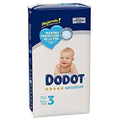 DODOT Sensitive Couches, 6 à 10 kg, Blanc, Taille 3, Vanille, 56 unités DODOT Sensitive Couches, 6 à 10 kg, Blanc, Taille 3, Vanille, 56 unités