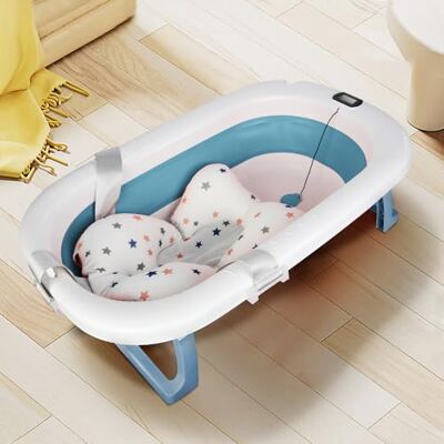 OHMG Baignoire pour bébé pliable avec coussin de bain antidérapant, taille XXL, thermomètre pour contrôler la température de l'eau, de la naissance à 2 ans, avec coussin de soutien, tapis de siège OHMG Baignoire pour bébé pliable avec coussin de bain antidérapant, taille XXL, thermomètre pour contrôler la température de l'eau, de la naissance à 2 ans, avec coussin de soutien, tapis de siège