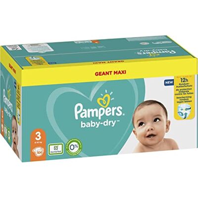 Pampers Baby-Dry Taille 3, 104 couches, jusqu'à 12 heures de protection complète contre les fuites, 6-10 kg Pampers Baby-Dry Taille 3, 104 couches, jusqu'à 12 heures de protection complète contre les fuites, 6-10 kg