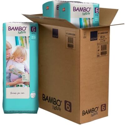 Bambo Nature Couches hypoallergéniques pour bébé, couches étiquetées écologiques, protection améliorée contre les fuites, totalement sans chlore, douces pour la peau et super absorbantes, taille 6 Bambo Nature Couches hypoallergéniques pour bébé, couches étiquetées écologiques, protection améliorée contre les fuites, totalement sans chlore, douces pour la peau et super absorbantes, taille 6