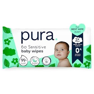 Pura Lingettes pour bébé, 70 lingettes (1 paquet), 100% lingettes humides sans plastique, 99% eau, peau sensible, biodégradables Pura Lingettes pour bébé, 70 lingettes (1 paquet), 100% lingettes humides sans plastique, 99% eau, peau sensible, biodégradables
