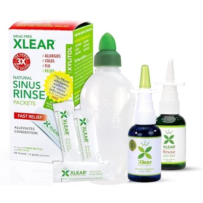 Xlear Kit pour soulager le nez sec comprenant un spray nasal au xylitol, un spray nasal Rescue, un pot Neti pour rinçage nasal et 50 sachets de recharge Xlear Kit pour soulager le nez sec comprenant un spray nasal au xylitol, un spray nasal Rescue, un pot Neti pour rinçage nasal et 50 sachets de recharge