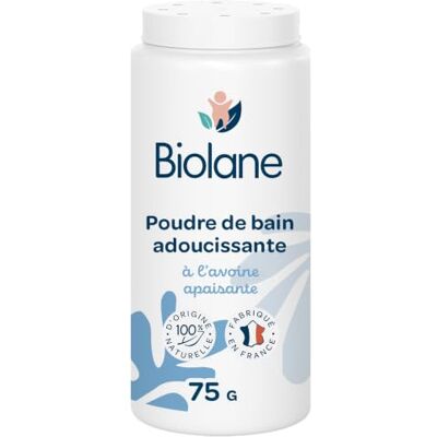Biolane Poudre de bain adoucissante Bain bebe Protège et Apaise 100% d'Origine Naturelle 75g Dès la naissance Fabriqué en France Biolane Poudre de bain adoucissante Bain bebe Protège et Apaise 100% d'Origine Naturelle 75g Dès la naissance Fabriqué en France