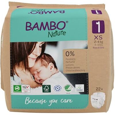 Bambo Nature Couches écologiques de qualité supérieure, taille 1 (2-4 kg), lot de 22 couches éco-étiquetées pour nouveau-né, protection améliorée contre les fuites, couches sûres et confortables pour Bambo Nature Couches écologiques de qualité supérieure, taille 1 (2-4 kg), lot de 22 couches éco-étiquetées pour nouveau-né, protection améliorée contre les fuites, couches sûres et confortables pour
