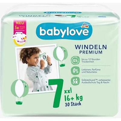Babylove Lot de 30 couches de qualité supérieure Taille 7 XXL 16+ kg Babylove Lot de 30 couches de qualité supérieure Taille 7 XXL 16+ kg
