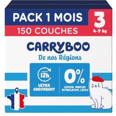 CARRYBOO Couches Taille 3 (4-9kg) Saines et Ultra Absorbantes 12h Anti Fuites Sans substances indésirables Fabriquées en France Prix Accessible 150 Couches Jetables Pack 1 Mois CARRYBOO Couches Taille 3 (4-9kg) Saines et Ultra Absorbantes 12h Anti Fuites Sans substances indésirables Fabriquées en France Prix Accessible 150 Couches Jetables Pack 1 Mois