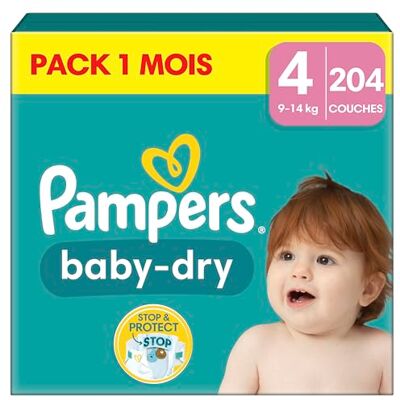 Pampers Baby-Dry Taille 4, 204 Couches, 6kg-14kg, Avec une Poche Stop & Protect à l’arrière de la couche pour une nuit jusqu’à 100 % sans fuites Pampers Baby-Dry Taille 4, 204 Couches, 6kg-14kg, Avec une Poche Stop & Protect à l’arrière de la couche pour une nuit jusqu’à 100 % sans fuites